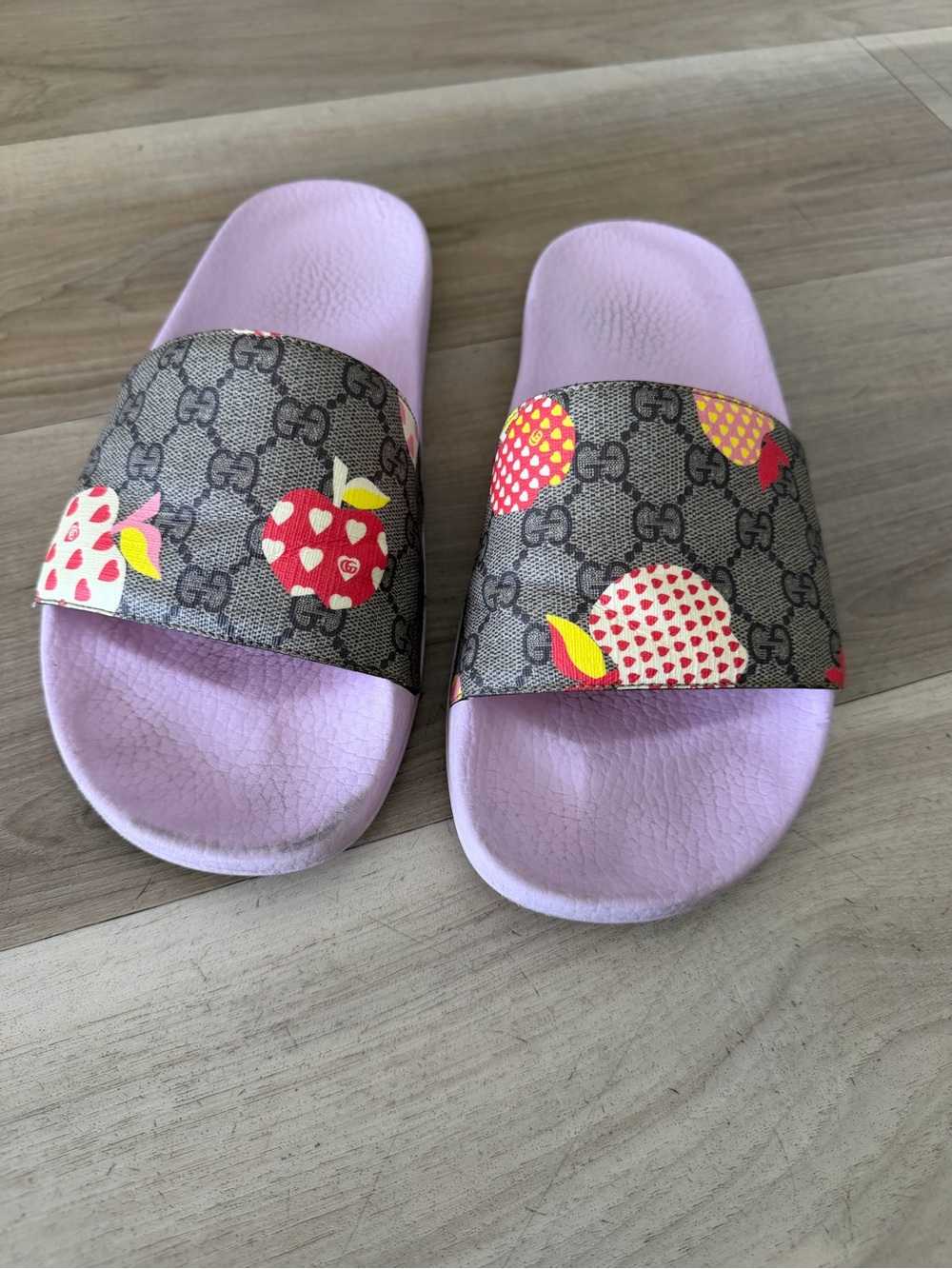 Gucci Lilac Slides with Monogram and Fruit Print